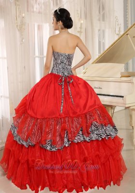 Sweetheart Red and Zebra Multi-tierd Ball Gown Quinceanera Dress