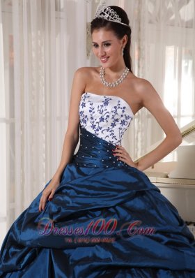 Sweetheart Navy Blue and White Embroidery Quinceanera Dress