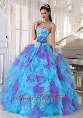 Strapless Baby Blue and Purple Quinceanera Dress Hand Made Flower