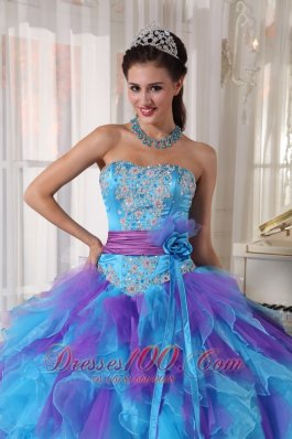 Strapless Baby Blue and Purple Quinceanera Dress Hand Made Flower