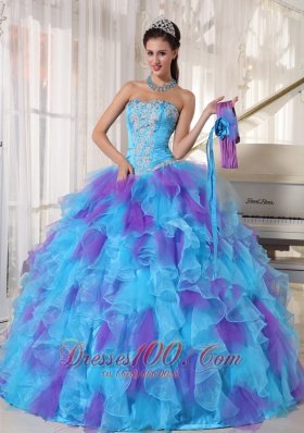 Strapless Baby Blue and Purple Quinceanera Dress Hand Made Flower