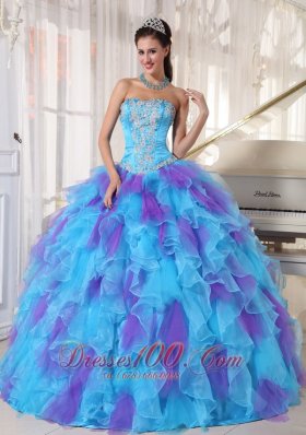 Strapless Baby Blue and Purple Quinceanera Dress Hand Made Flower