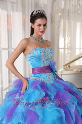 Strapless Baby Blue and Purple Quinceanera Dress Hand Made Flower