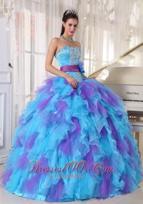 Strapless Baby Blue and Purple Quinceanera Dress Hand Made Flower