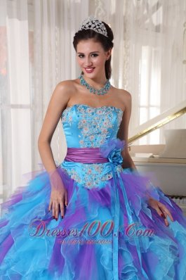 Strapless Baby Blue and Purple Quinceanera Dress Hand Made Flower