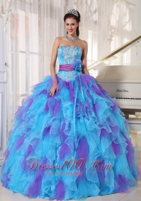 Strapless Baby Blue and Purple Quinceanera Dress Hand Made Flower