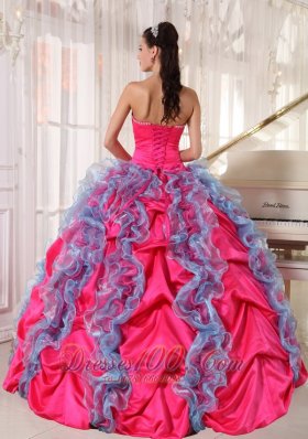 Hot Pink and Aqua Blue Taffeta and Organza Sweet 15 Dress Beading