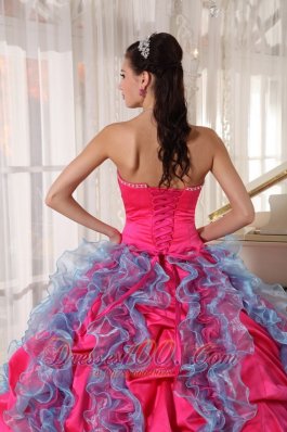 Hot Pink and Aqua Blue Taffeta and Organza Sweet 15 Dress Beading