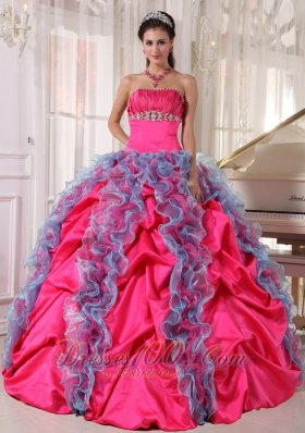 Hot Pink and Aqua Blue Taffeta and Organza Sweet 15 Dress Beading