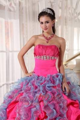 Hot Pink and Aqua Blue Taffeta and Organza Sweet 15 Dress Beading