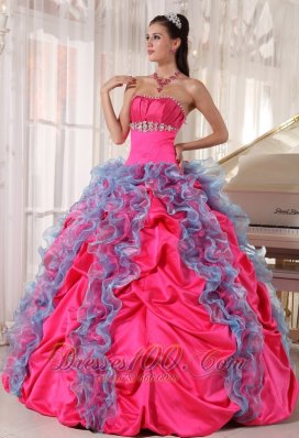 Hot Pink and Aqua Blue Taffeta and Organza Sweet 15 Dress Beading