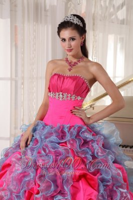 Hot Pink and Aqua Blue Taffeta and Organza Sweet 15 Dress Beading