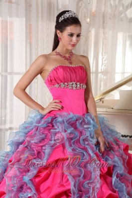 Hot Pink and Aqua Blue Taffeta and Organza Sweet 15 Dress Beading