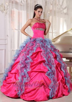 Hot Pink and Aqua Blue Taffeta and Organza Sweet 15 Dress Beading