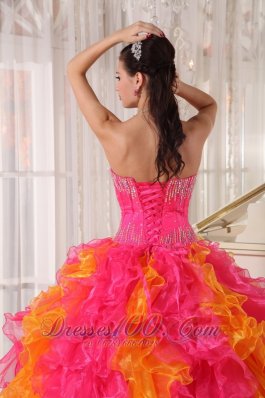 Hot Pink and Orange Beading Floral Sweet 16 Dress Ball Gown