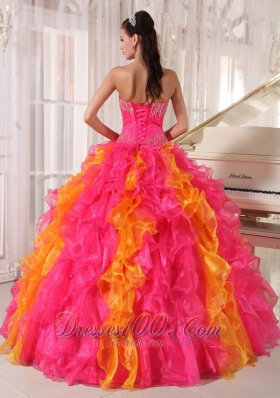 Hot Pink and Orange Beading Floral Sweet 16 Dress Ball Gown