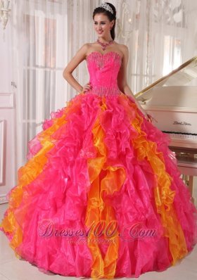 Hot Pink and Orange Beading Floral Sweet 16 Dress Ball Gown