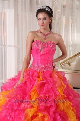 Hot Pink and Orange Beading Floral Sweet 16 Dress Ball Gown