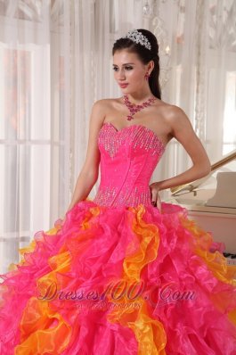 Hot Pink and Orange Beading Floral Sweet 16 Dress Ball Gown