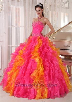 Hot Pink and Orange Beading Floral Sweet 16 Dress Ball Gown