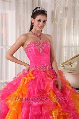 Hot Pink and Orange Beading Floral Sweet 16 Dress Ball Gown