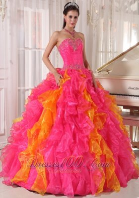 Hot Pink and Orange Beading Floral Sweet 16 Dress Ball Gown