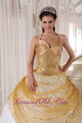 Informal Champagne and White Quinceanera Dress Halter