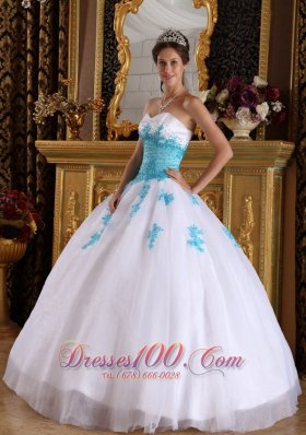 White and Blue Quinceanera Dress Appliques Ball Gown Puffy