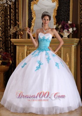 White and Blue Quinceanera Dress Appliques Ball Gown Puffy