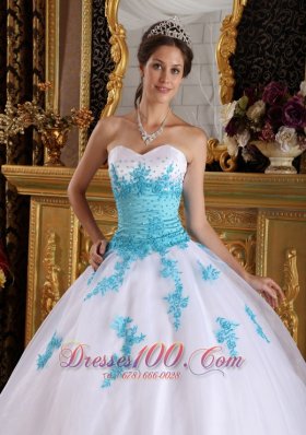 White and Blue Quinceanera Dress Appliques Ball Gown Puffy