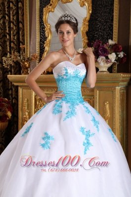 White and Blue Quinceanera Dress Appliques Ball Gown Puffy