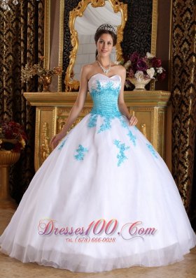 White and Blue Quinceanera Dress Appliques Ball Gown Puffy