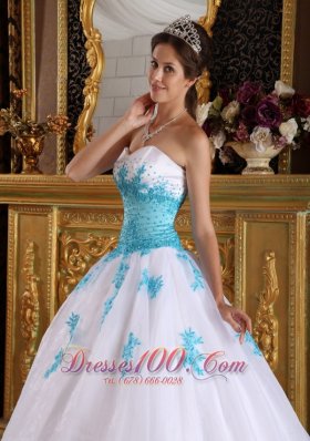 White and Blue Quinceanera Dress Appliques Ball Gown Puffy