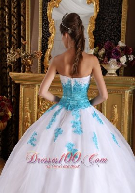 White and Blue Quinceanera Dress Appliques Ball Gown Puffy