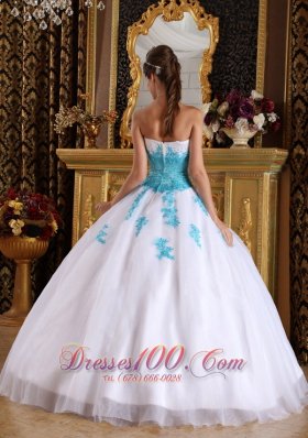 White and Blue Quinceanera Dress Appliques Ball Gown Puffy