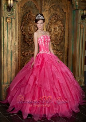 Hot Pink Quinceanera Applique Layer Puffy Sweet 15 Dress