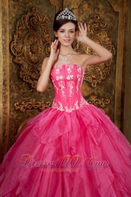 Hot Pink Quinceanera Applique Layer Puffy Sweet 15 Dress