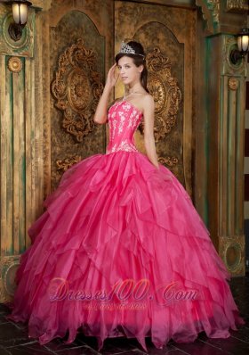 Hot Pink Quinceanera Applique Layer Puffy Sweet 15 Dress