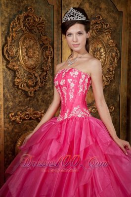 Hot Pink Quinceanera Applique Layer Puffy Sweet 15 Dress