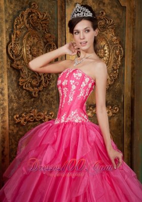 Hot Pink Quinceanera Applique Layer Puffy Sweet 15 Dress