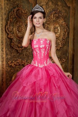 Hot Pink Quinceanera Applique Layer Puffy Sweet 15 Dress