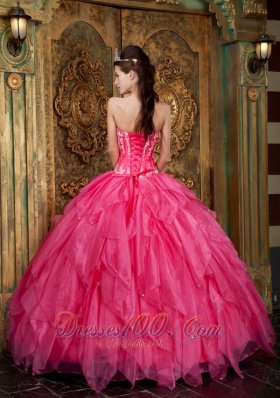 Hot Pink Quinceanera Applique Layer Puffy Sweet 15 Dress