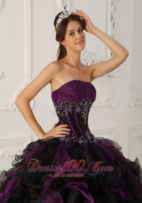 Strapless Puffy Ball Gown Black and Purple Gown for Quinceanera