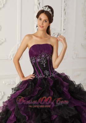 Strapless Puffy Ball Gown Black and Purple Gown for Quinceanera