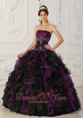 Strapless Puffy Ball Gown Black and Purple Gown for Quinceanera