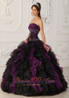 Strapless Puffy Ball Gown Black and Purple Gown for Quinceanera