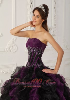 Strapless Puffy Ball Gown Black and Purple Gown for Quinceanera