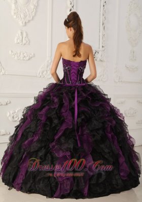 Strapless Puffy Ball Gown Black and Purple Gown for Quinceanera