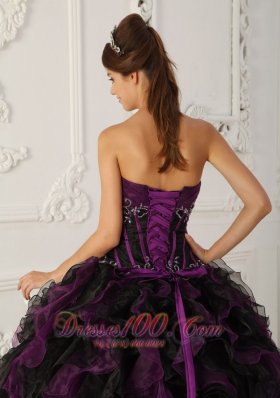 Strapless Puffy Ball Gown Black and Purple Gown for Quinceanera