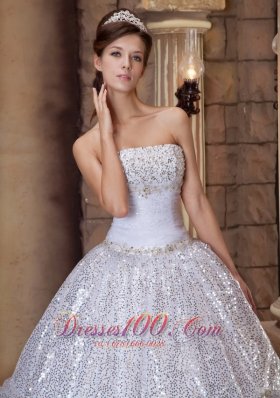 White and Silver Quinceanera Ball Gown Strapless for